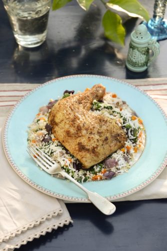 One-pot chicken dish with carrots spinach and Basmati rice