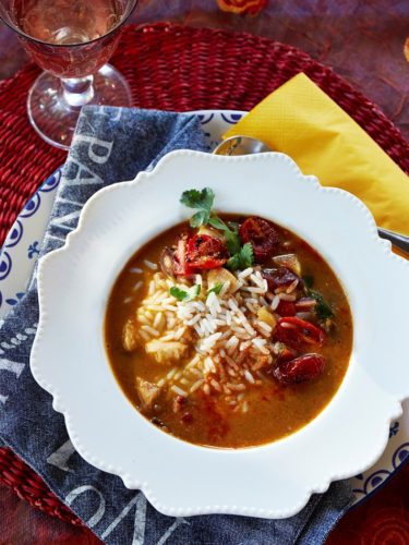 Hake and roasted pepper and tomato soup