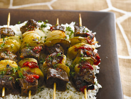 Ostrich Kebabs with Chilli, Roasted Tomato and Pepper Baste