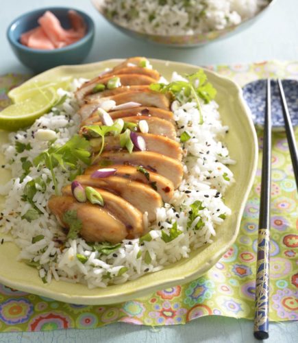 Sesame rice with honey and soy roasted chicken breasts