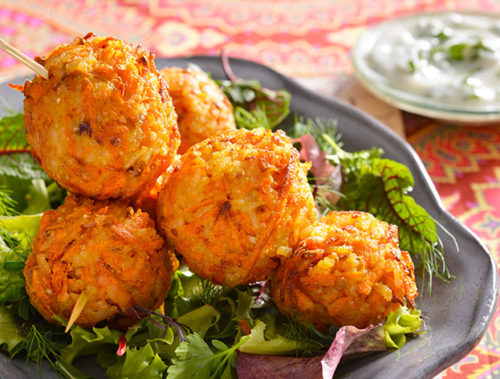 Carrot, Chilli, Cumin and Rice Kebabs with Mint Raita