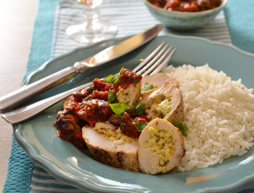 Chicken Fillets Stuffed with Feta Cheese and Herbs Served with Sundried Tomato Salsa