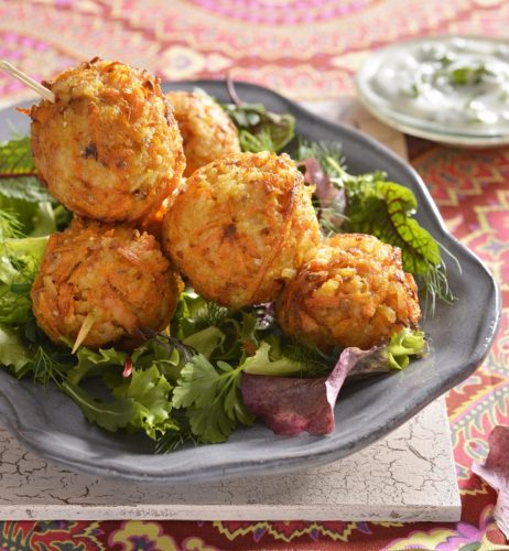 Carrot, Chilli, Cumin and Rice Kebabs with Mint Raita