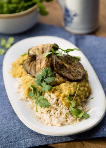 Aubergine Dhal Served on Coconut Basmati Rice