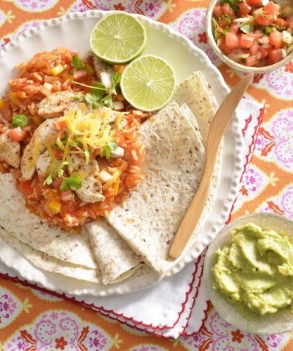 Burritos with Mexican Red Rice, Guacamole & Salsa