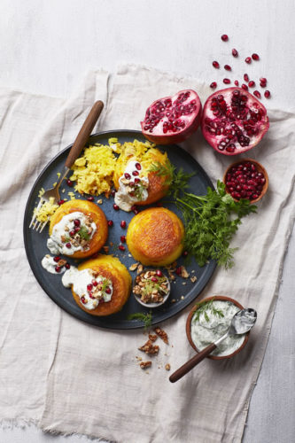 Persian rice and chicken domes with minty yoghurt