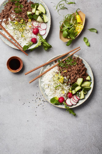 Crazy good Korean minced beef with rice and herb salad