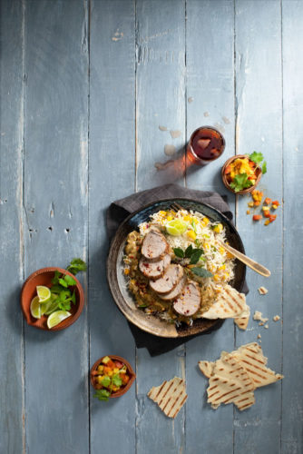 Bobotie pork, mango rice & atchar salad