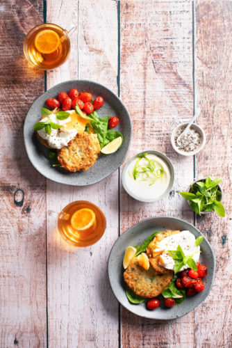 Rice hash browns with poached eggs & tomato