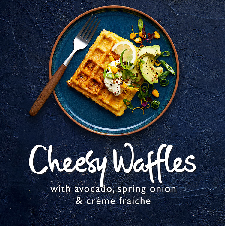 Corn & Cheese Waffles with Avocado, Spring Onion & Crème Fraiche