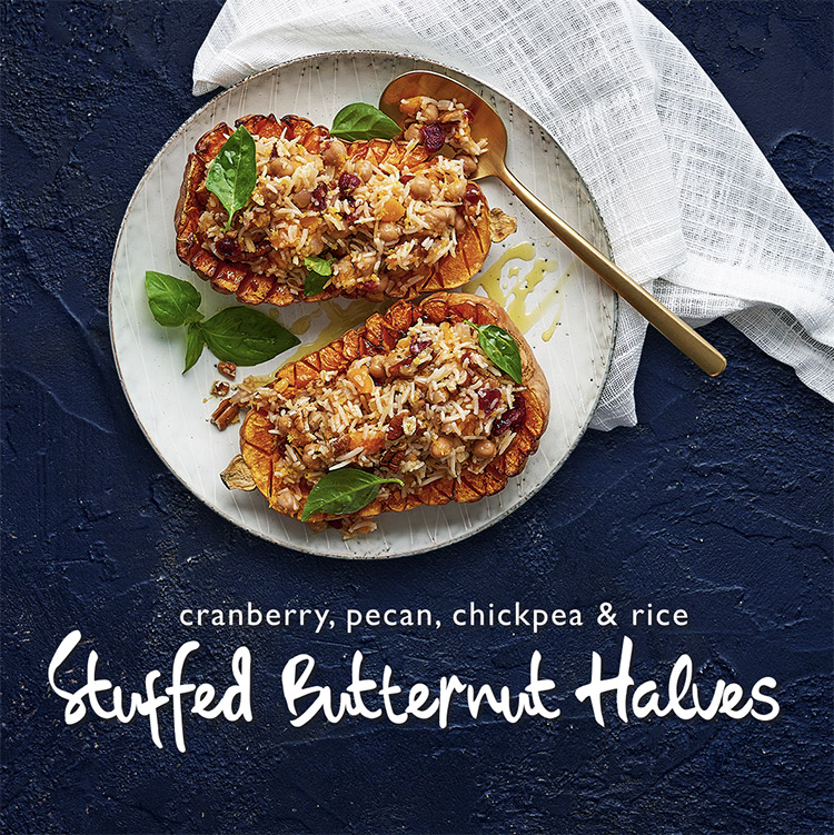 Cranberry, Pecan, Chickpea & Rice Stuffed Butternut Halves